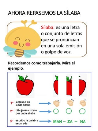 AHORA REPASEMOS LA SÍLABA
Sílaba: es una letra
o conjunto de letras
que se pronuncian
en una sola emisión
o golpe de voz.
Recordemos como trabajarla. Mira el
ejemplo.
 