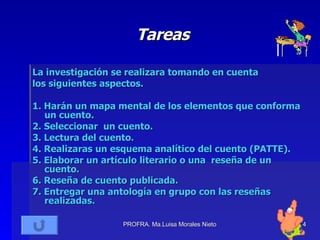 Tareas La investigación se realizara tomando en cuenta los siguientes aspectos. 1. Harán un mapa mental de los elementos que conforma un cuento. 2. Seleccionar  un cuento. 3. Lectura del cuento. 4. Realizaras un esquema analítico del cuento (PATTE). 5. Elaborar un artículo literario o una  reseña de un cuento. 6. Reseña de cuento publicada. 7. Entregar una antología en grupo con las reseñas realizadas. 