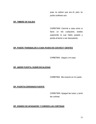 15
pues no sabían que era él, pero no
podía confiarse aún.
OP. TIMBRE DE SALIDA
CHRISTIAN: Caminé a casa como si
fuera un día cualquiera, estaba
superando lo que había pasado y
perdía el temor a ser descubierto.
OP. PASOS TRANQUILOS A CASA RUIDO DE COCHES Y GENTES
CHRISTIAN: Llegué a mi casa.
OP. ABRIR PUERTA, SUBIR ESCALERAS
CHRISTIAN: Me encerré en mi cuarto.
OP. PUERTA CERRANDO FUERTE
CHRISTIAN: Apagué las luces y cerré
las cortinas.
OP. SONIDO DE APAGADOR Y CORRER LAS CORTINAS
 