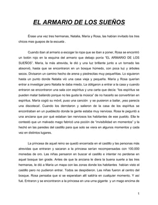 EL ARMARIO DE LOS SUEÑOS

      Érase una vez tres hermanas, Natalia, María y Rosa, las habían invitado los tres
chicos ma...