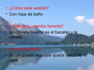 ¿Cómo está vestido? Con ropa de baño ¿Cuál es su comida favorita? Su comida favorita es el bacalao y la caballa ¿Dónde duerme? En un grande lago que queda cerca de mi casa. 