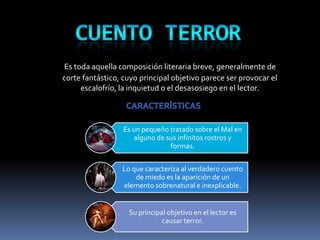 Es toda aquella composición literaria breve, generalmente de
corte fantástico, cuyo principal objetivo parece ser provocar el
     escalofrío, la inquietud o el desasosiego en el lector.



                  Es un pequeño tratado sobre el Mal en
                     alguno de sus infinitos rostros y
                                formas.


                 Lo que caracteriza al verdadero cuento
                     de miedo es la aparición de un
                 elemento sobrenatural e inexplicable.


                   Su principal objetivo en el lector es
                              causar terror.
 