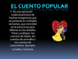  Es una narración
   tradicional breve de
hechos imaginarios que
se presenta en múltiples
versiones, que coinciden
  en la estructura pero
 difieren en los detalles.
   Tiene 3 subtipos: los
  cuentos de hadas, los
 cuentos de animales y
      los cuentos de
 costumbres. Ejemplo:
   La bella y la bestia.
 
