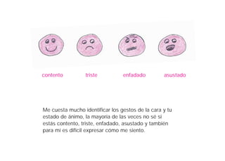 contento         triste          enfadado         asustado




Me cuesta mucho identificar los gestos de la cara y tu
estado de ánimo, la mayoría de las veces no sé si
estás contento, triste, enfadado, asustado y también
para mí es difícil expresar cómo me siento.
 
