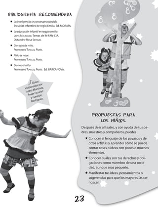 BIBLIOGRAFIA RECOMENDADA
J La inteligencia se construye usándola
  Escuelas Infantiles de regio Emilia. Ed. MORATA.
J La educación infantil en reggio emilia
  Loris Malaguzzi. Temas de IN-FAN-CIA.
  Octaedro-Rosa Sensat.
J Con ojos de niño.
  Francesco Tonucci, Frato.
J Niño se nace.
  Francesco Tonucci, Frato.
J Como ser niño.
  Francesco Tonucci, Frato. Ed. BARCANOVA.




              UrGuiaasspor
                ad
            elabo artínez,
                 lM
            Isabe Escuriet
              Roser ardo
                y Ger ez.
                       gu
                 Rodri



                                                              PROPUESTAS PARA
                                                                 LOS NIÑ@S.
                                                      Después de ir al teatro, y con ayuda de tus pa-
                                                      dres, maestros y compañeros, puedes
                                                          J Conocer el lenguaje de los payasos y de
                                                            otros artistas y aprender cómo se puede
                                                            contar cosas o ideas con pocos o muchos
                                                            elementos.
                                                          J Conocer cuáles son tus derechos y obli-
                                                            gaciones como miembro de una socie-
                                                            dad, aunque seas pequeño.
                                                          J Manifestar tus ideas, pensamientos o
                                                            sugerencias para que los mayores las co-
                                                            nozcan.




                                                     23
 