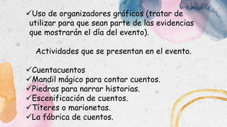 Uso de organizadores gráficos (tratar de
utilizar para que sean parte de las evidencias
que mostrarán el día del evento).
Actividades que se presentan en el evento.
Cuentacuentos
Mandil mágico para contar cuentos.
Piedras para narrar historias.
Escenificación de cuentos.
Títeres o marionetas.
La fábrica de cuentos.
 