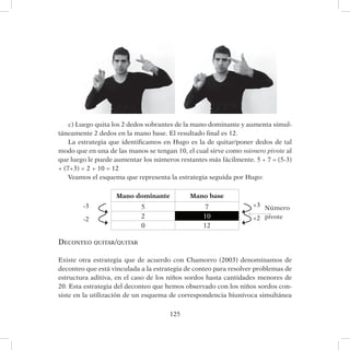 125
c) Luego quita los 2 dedos sobrantes de la mano dominante y aumenta simul-
táneamente 2 dedos en la mano base. El resultado final es 12.
La estrategia que identificamos en Hugo es la de quitar/poner dedos de tal
modo que en una de las manos se tengan 10, el cual sirve como número pivote al
que luego le puede aumentar los números restantes más fácilmente. 5 + 7 = (5-3)
+ (7+3) = 2 + 10 = 12
Veamos el esquema que representa la estrategia seguida por Hugo:
Mano dominante Mano base
5 7
2 10
0 12
Deconteo quitar/quitar
Existe otra estrategia que de acuerdo con Chamorro (2003) denominamos de
deconteo que está vinculada a la estrategia de conteo para resolver problemas de
estructura aditiva, en el caso de los niños sordos hasta cantidades menores de
20. Esta estrategia del deconteo que hemos observado con los niños sordos con-
siste en la utilización de un esquema de correspondencia biunívoca simultánea
-3
-2
+3
+2
Número
pivote
 
