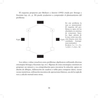 38
El esquema propuesto por Bednarz y Janvier (1992) citada por Arteaga y
Guzmán (op. cit., p. 38) puede ayudarnos a comprender el planteamiento del
problema:
Los niños y niñas resuelven estos problemas algebraicos utilizando diversas
estrategias Arteaga y Guzmán (op. cit.). Algunas de estas estrategias consisten en
proponer un número y su comprobación para encontrar la solución: apoyo en
diseño de dibujos, elaboración de cuadros o tabla para comparar datos, trazar
rectas numéricas, utilización mecánica de operaciones básicas, uso de la regla de
tres y cálculo mental entre otras.
En este problema la
tasa es: patas/animal.
El esquema del pro-
blema es típico de los
abordados en sistemas
de ecuaciones linea-
les. Aquí, además de
la tasa, existe una rela-
ción binaria entre dos
cantidades homogé-
neas (animales):
Es decir, ? a + ? e = 8 y
? a X 8 + ? e X 6 = 54
??
6 p/a8 p/a
 