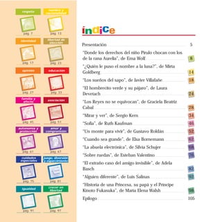 Presentación
“Donde los derechos del niño Pirulo chocan con los
de la rana Aurelia”, de Ema Wolf
“¿Quién le puso el nombre a la luna?”, de Mirta
Goldberg
“Los sueños del sapo”, de Javier Villafañe
“El hombrecito verde y su pájaro”, de Laura
Devetach
“Los Reyes no se equivocan”, de Graciela Beatriz
Cabal
“Mirar y ver”, de Sergio Kern
“Sofía”, de Ruth Kaufman
“Un monte para vivir”, de Gustavo Roldán
“Cuando sea grande”, de Elsa Bornemann
“La abuela electrónica”, de Silvia Schujer
“Sobre ruedas”, de Esteban Valentino
“El extraño caso del amigo invisible”, de Adela
Basch
“Alguien diferente”, de Luis Salinas
“Historia de una Princesa, su papá y el Príncipe
Kinoto Fukasuka”, de María Elena Walsh
Epílogo
5
8
14
18
24
28
34
46
52
62
68
76
82
92
98
105
amor y
comprensión
autonomía y
protección
pág. 61
familia y
afecto
pág. 45
respeto
pág. 7
libertad de
elección
nombre y
nacionalidad
pág. 13
pág. 75
igualdad
pág. 91
crecer en
libertad
pág. 97
cuidados
especiales
identidad
opinión
pág. 27
educación
asociación
pág. 51
juego, diversión
y esparcimiento
pág. 81
pág. 17 pág. 23
pág. 33
pág. 67
 