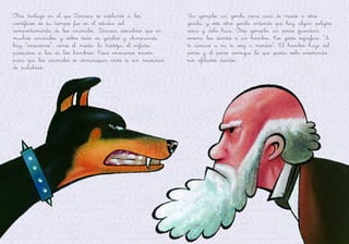 Otro trabajo en el que Darwin se adelantó a los
científicos de su tiempo fue en el estudio del
comportamiento de los animales. Darwin descubrió que en
muchos animales, y sobre todo en gorilas y chimpancés,
hay “emociones”, como el miedo, la tristeza, el enfado,
parecidas a las de los hombres. Esas emociones sirven
para que los animales se comuniquen entre sí sin necesidad
de palabras.
Un ejemplo: un gorila pone cara de miedo a otro
gorila, y este otro gorila entiende que hay algún peligro
cerca y debe huir. Otro ejemplo: un perro guardián
enseña los dientes a un hombre. Ese gesto significa: “Si
te acercas a mí te voy a morder”. El hombre huye del
perro y el perro consigue lo que quería sólo enseñando
sus afilados dientes.
 