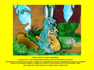 GABRIEL TOMÁS Y SU PAPÁ SE ABRAZARON.  EL CONEJO AZUL LE DIO UNA ZANAHORIA DE REGALO PARA QUE SE MEJORARA  DEL SUSTO. -ESTÁ BIEN. VOY A AYUDARTE CON LA FIESTA Y TAMBIÉN VOY A QUEDARME EN EL FESTEJO CUIDANDO QUE NO VUELVA LA SERPIENTE PORQUE TAL VEZ QUIERA COMERSE LA COMIDA DE LA FIESTA O A LOS INVITADOS- DIJO EL PAPÁ DE GABRIEL TOMÁS. -DISCULPAME POR TARDAR MUCHO EN EL TRABAJO-DIJO EL CONEJO AZUL. 