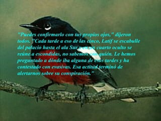 "Puedes confirmarlo con tus propios ojos," dijeron
todos. "Cada tarde a eso de las cinco, Latif se escabulle
del palacio hasta el ala Sur y en un cuarto oculto se
reúne a escondidas, no sabemos con quién. Le hemos
preguntado a dónde iba alguna de esas tardes y ha
contestado con evasivas. Esa actitud terminó de
alertarnos sobre su conspiración."




                  AdaliM
 