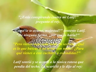 "¿Estás conspirando contra mi Latif?"
              pregunto el rey.

"¿Cómo se te ocurre, majestad?" contesto Latif.
  "De ninguna forma, ¿por qué lo haría?"

 "Pero vienes aquí cada tarde en secreto. ¿Qué
 es lo que buscas si no te ves con nadie? ¿Para
   qué vienes a este cuchitril a escondidas?"

 Latif sonrió y se acercó a la túnica rotosa que
 pendía del techo. La acarició y le dijo al rey:
               AdaliM
 