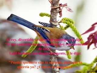 El rey, divertido, se acercó al mendigo y le dijo:
"Si me contestas una pregunta te doy esta moneda
                      de oro."
  Latif lo miró, casi despectivamente, y le dijo:

  "Puedes quedarte con tu moneda, para qué la
      querría yo? ¿Cuál es tu pregunta?
                  AdaliM
 