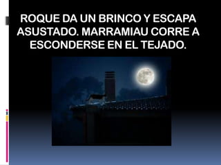 ROQUE DA UN BRINCO Y ESCAPA ASUSTADO. MARRAMIAU CORRE A ESCONDERSE EN EL TEJADO.