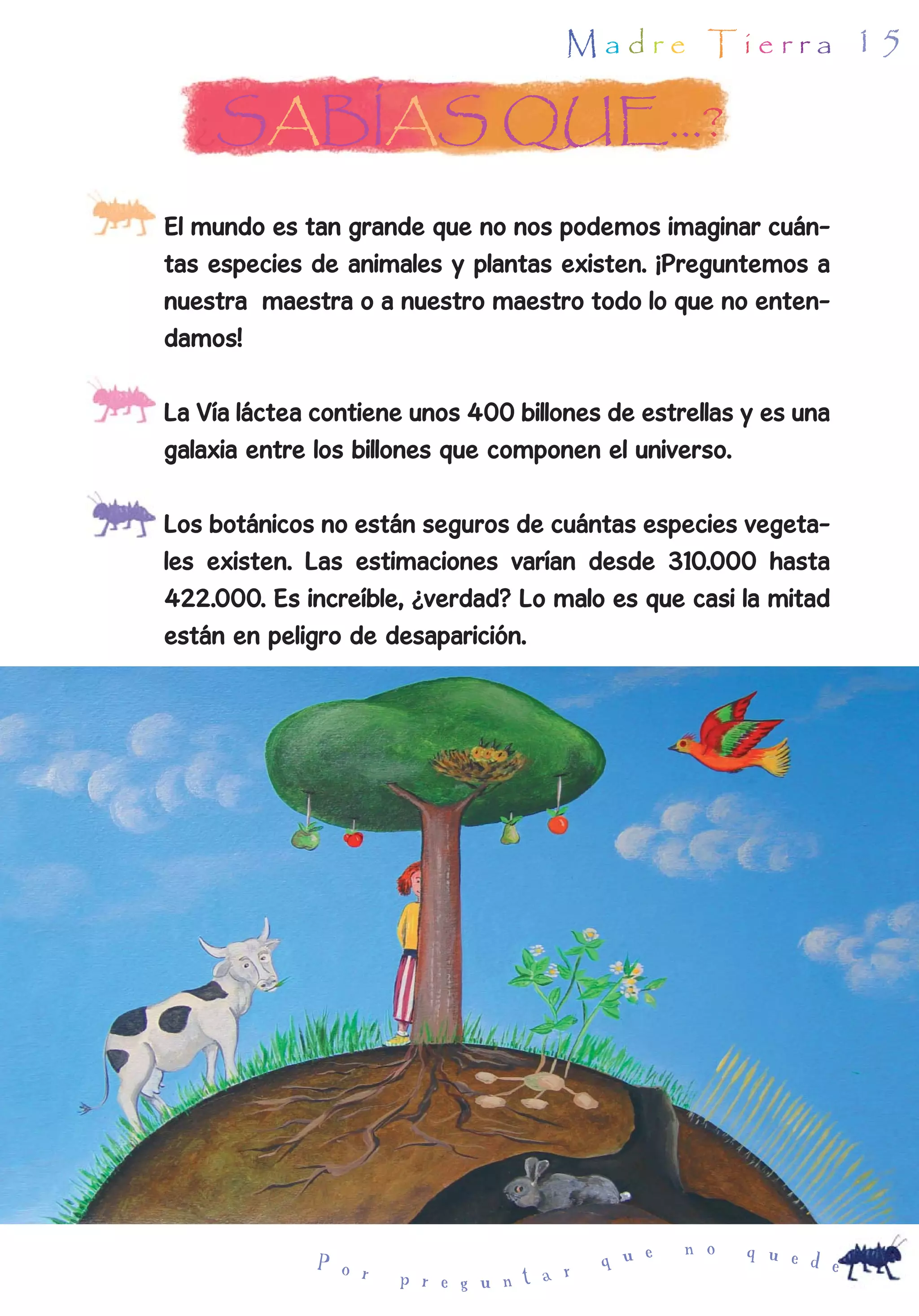 Madre Tierra                  15

  ¿SABÍAS QUE...?
El mundo es tan grande que no nos podemos imaginar cuán-
tas especies de animales y plantas existen. ¡Preguntemos a
nuestra maestra o a nuestro maestro todo lo que no enten-
damos!

La Vía láctea contiene unos 400 billones de estrellas y es una
galaxia entre los billones que componen el universo.

Los botánicos no están seguros de cuántas especies vegeta-
les existen. Las estimaciones varían desde 310.000 hasta
422.000. Es increíble, ¿verdad? Lo malo es que casi la mitad
están en peligro de desaparición.




                                                  n o   q u e d
              P o r                       q u e                 e
                      p r e g u n t a r
 