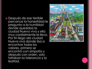    Después de ese terrible
    percance la honestidad le
    pregunto a la humildad
    donde quedaba la
    ciudad Nueva viva y ella
    muy cordialmente la llevo.
    Por fin llego ala ciudad
    Nueva viva donde iba a
    encontrar todos los
    valores, primero se
    encontró con simpatía y
    después con orden, solo
    faltaban la tolerancia y la
    lealtad.
 