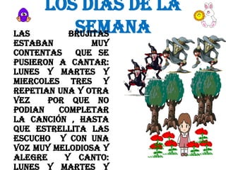 LOS DIAS DE LA
SEMANA
BRUJITAS

LAS
ESTABAN
MUY
CONTENTAS
QUE SE
PUSIERON A CANTAR:
LUNES Y MARTES Y
MIERCOLES TRES Y
REPETIAN UNA Y OTRA
VEZ
POR QUE NO
PODIAN
COMPLETAR
LA CANCIÓN , HASTA
QUE ESTRELLITA LAS
ESCUCHO Y CON UNA
VOZ MUY MELODIOSA Y
ALEGRE
Y CANTO:
LUNES Y MARTES Y

 