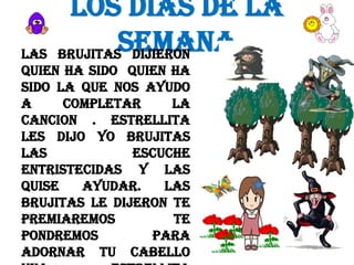 LOS DIAS DE LA
SEMANA
BRUJITAS DIJIERON

LAS
QUIEN HA SIDO QUIEN HA
SIDO LA QUE NOS AYUDO
A
COMPLETAR
LA
CANCION . ESTRELLITA
LES DIJO YO BRUJITAS
LAS
ESCUCHE
ENTRISTECIDAS Y LAS
QUISE
AYUDAR.
LAS
BRUJITAS LE DIJERON TE
PREMIAREMOS
TE
PONDREMOS
PARA
ADORNAR TU CABELLO

 