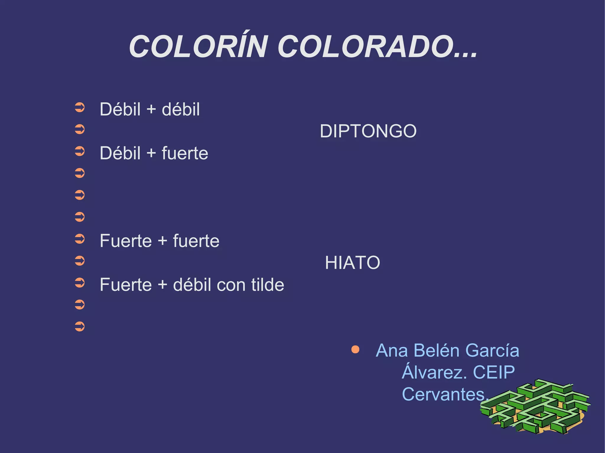 COLORÍN COLORADO...
➲   Débil + débil
➲                              DIPTONGO
➲   Débil + fuerte
➲
➲
➲
➲   Fuerte + fuerte
➲                              HIATO
➲   Fuerte + débil con tilde
➲
➲
                                 ●   Ana Belén García
                                       Álvarez. CEIP
                                       Cervantes.
 
