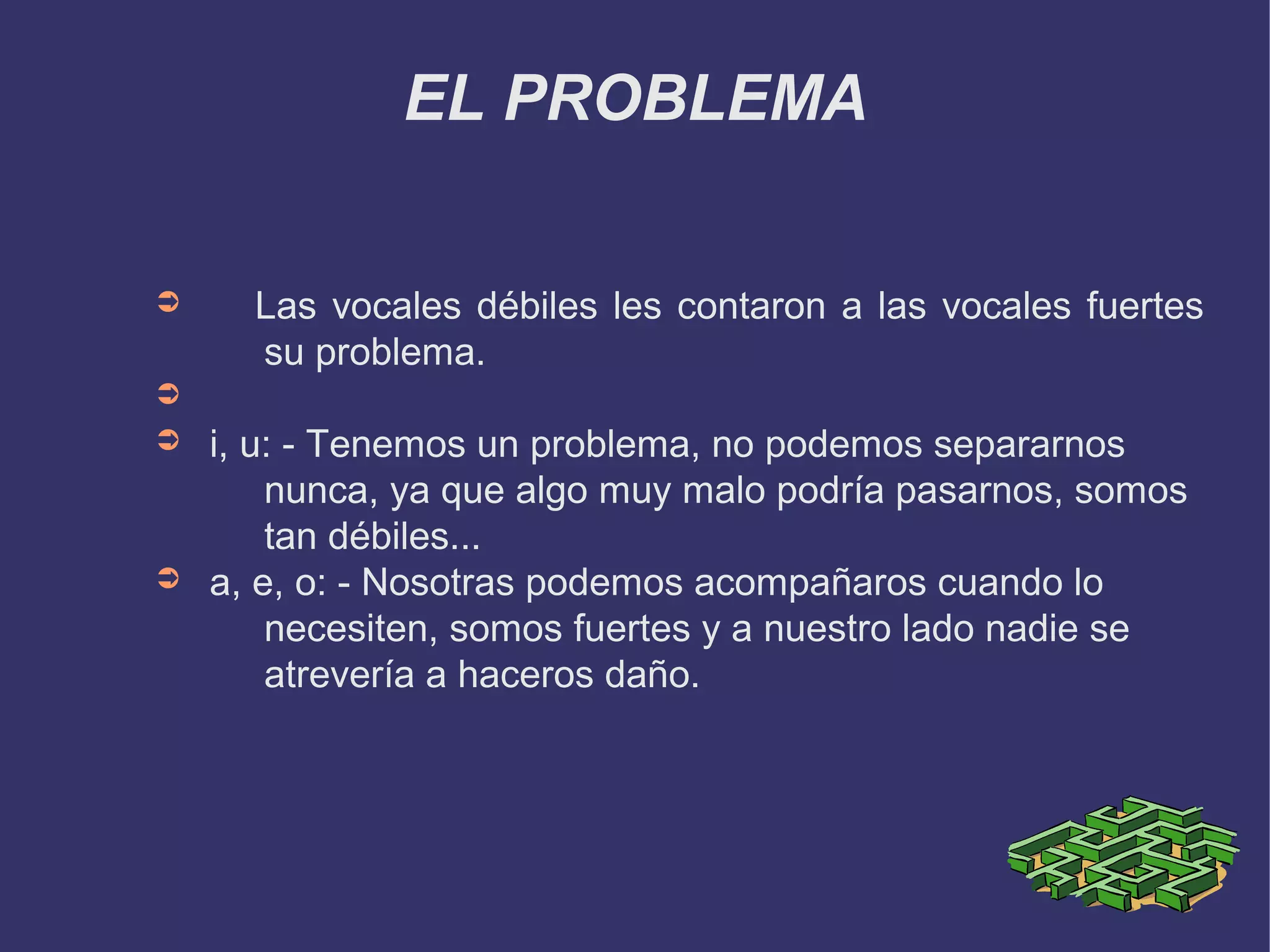 EL PROBLEMA


➲     Las vocales débiles les contaron a las vocales fuertes
      su problema.
➲
➲   i, u: - Tenemos un problema, no podemos separarnos
        nunca, ya que algo muy malo podría pasarnos, somos
        tan débiles...
➲   a, e, o: - Nosotras podemos acompañaros cuando lo
        necesiten, somos fuertes y a nuestro lado nadie se
        atrevería a haceros daño.
 
