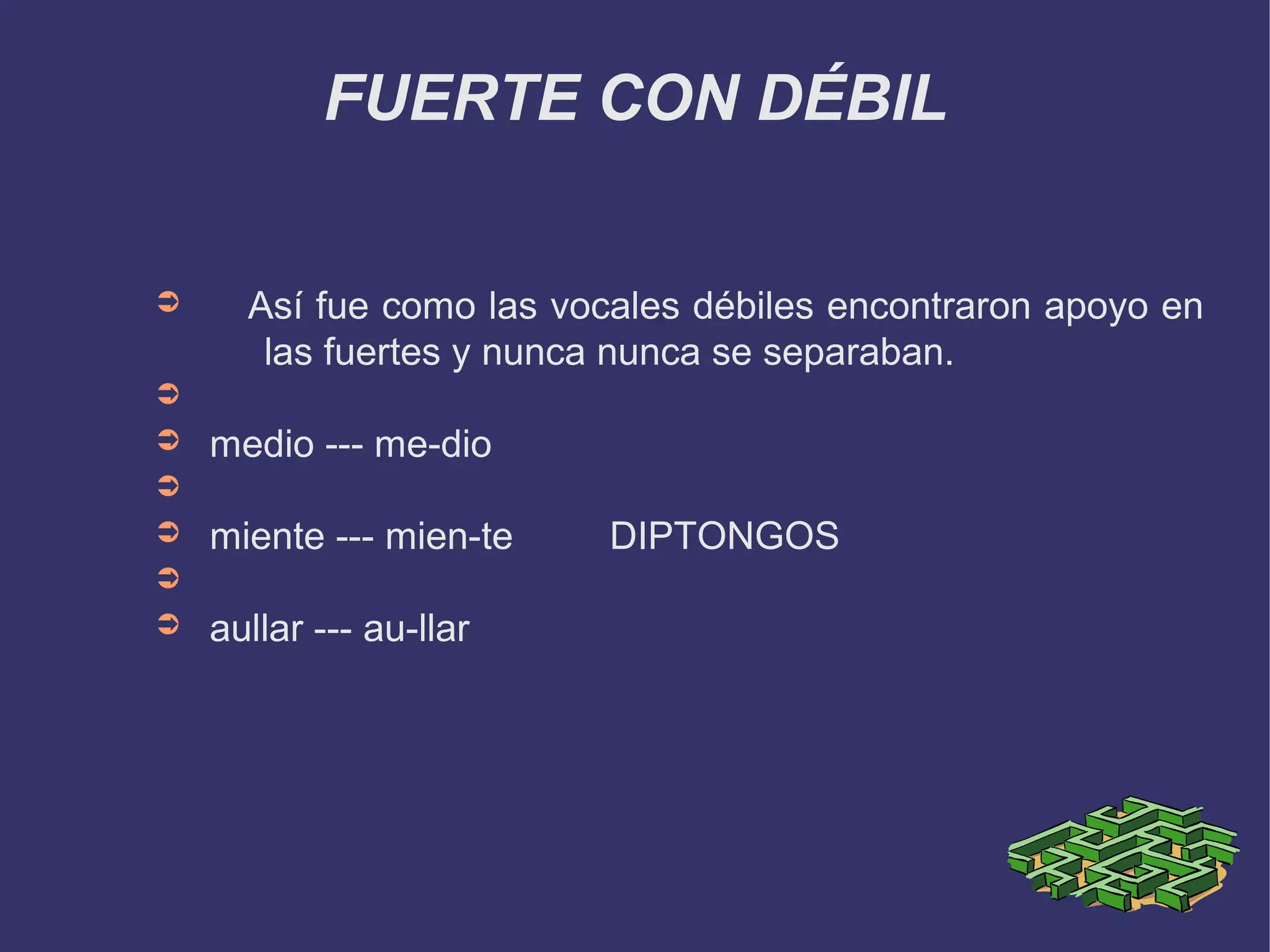 FUERTE CON DÉBIL


➲     Así fue como las vocales débiles encontraron apoyo en
       las fuertes y nunca nunca se separaban.
➲
➲   medio --- me-dio
➲
➲   miente --- mien-te    DIPTONGOS
➲
➲   aullar --- au-llar
 