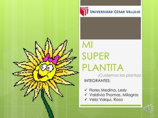 MI
SUPER
PLANTITA
¡Cuidemos las plantas!
INTEGRANTES:
 Flores Medina, Lesly
 Valdivia Thomas, Milagros
 Vela Valqui, Rosa
 
