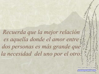 Recuerda que la mejor relación es aquella donde el amor entre dos personas es más grande que la necesidad  del uno por el otro. 
