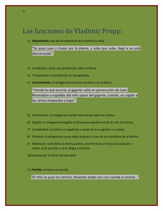 Cr




Las funciones de Vladimir Propp:
     1) Alejamiento: uno de los miembros de la familia se aleja.

        “Se puso Juan a trepar por la planta, y sube que sube, llegó a un país
        desconocido”.


     2) Prohibición: recae una prohibición sobre el héroe.

     3) Transgresión: la prohibición es transgredida.

     4) Conocimiento: el antagonista entra en contacto con el héroe.

        “Viendo lo que ocurría, el gigante salió en persecución de Juan.
        Resonaban a espaldas del niño pasos del gigante, cuando, ya cogido a
        las ramas empezaba a bajar”.


     5) Información: el antagonista recibe información sobre la victima.

     6) Engaño: el antagonista engaña al héroe para apoderarse de él o de sus bienes.

     7) Complicidad: la victima es engañada y ayuda así a su agresor a su pesar.

     8) Fechoría: el antagonista causa algún prejuicio a uno de los miembros de la familia.

     9) Mediación: la fechoría es hecha pública, se le formula al héroe una petición u
        orden, se le permite o se le obliga a marchar.

     10) Aceptación: el héroe decide partir.



     11) Partida: el héroe se marcha.

        “El niño se puso en camino, llevando atado con una cuerda al animal…”
 
