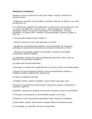 Préstamos a la literatura
Facilite la escritura creativa de los niños más tímidos o reacios a través de los
siguientes pasos:
1. Pídales que recuerden cuentos, fábulas, leyendas, temas de una película o una serie
de televisión, etc.
2. A continuación, sugiérales que seleccionen un tema que les sirva de base para crear
un cuento, una fábula, etc.; es decir, que le “ pidan prestados a la literatura”
personajes, tramas o situaciones. Estos pueden ser recombinados, invertidos,
parodiados; se pueden omitir o introducir nuevos personajes o escenas, cambiar el
final, etc.
3. Una vez seleccionado el tema, invítelos a:
- Centrar la atención en uno o más personajes o escenas.
- Recordar las características del ambiente y de los personajes, las situaciones
planteadas, la secuencia de las escenas que conducen a la solución o al final.
- Recrear con sus propias palabras los personajes o situaciones recordadas,
introduciendo cambios originales.
Los indicadores de logro ante estas actividades por parte de los niños y niñas en
Educación Inicial se hacen tangibles si:
a) Juegan a leer lecturas predecibles.
b) Participan en experiencias compartidas de la lectura de un libro con formato grande.
c) Asocian en forma progresiva fonemas con sus correspondientes grafemas y
establecen variadas combinaciones significativas.
d) Juegan con palabras que riman.
e) Emplean loterías, dominó de palabras y letras móviles para jugar a leer.
f) Predicen el contenido de su lectura sobre la base de sus propios conocimientos o
esquemas cognitivos.
g) Señalan o reconocen el propósito de la lectura: entretener, buscar una información.
h) Participan con entusiasmo en las actividades grupales con el texto.
i) Muestran en sus conversaciones espontáneas mayor riqueza de vocabulario.
j) Intercambian saludos, felicitaciones y mensajes dentro de situaciones reales.
k) Intercambian los materiales del aula con naturalidad.
 