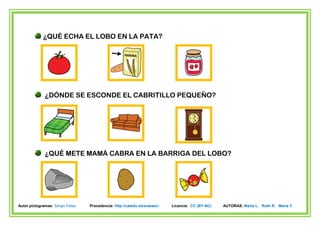 ¿QUÉ ECHA EL LOBO EN LA PATA?




              ¿DÓNDE SE ESCONDE EL CABRITILLO PEQUEÑO?




              ¿QUÉ METE MAMÁ CABRA EN LA BARRIGA DEL LOBO?




Autor pictogramas: Sergio Palao   Procedencia: http://catedu.es/arasaac/   Licencia: CC (BY-NC)   AUTORAS: Marta L. Ruth R. María Y.
 