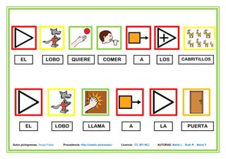 EL                 LOBO              QUIERE                  COMER                   A          LOS            CABRITILLOS




         EL                       LOBO                 LLAMA                      A                  LA                 PUERTA


Autor pictogramas: Sergio Palao     Procedencia: http://catedu.es/arasaac/   Licencia: CC (BY-NC)   AUTORAS: Marta L. Ruth R. María Y.
 