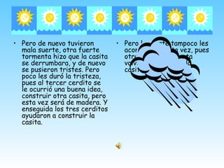 • Pero de nuevo tuvieron        • Pero la suerte tampoco les
  mala suerte, otra fuerte        acompañaba esta vez, pues
  tormenta hizo que la casita     otra fuerte tormenta
  se derrumbara, y de nuevo       volvió a derrumbar la
  se pusieron tristes. Pero       casita de madera.
  poco les duró la tristeza,
  pues al tercer cerdito se
  le ocurrió una buena idea,
  construir otra casita, pero
  esta vez será de madera. Y
  enseguida los tres cerditos
  ayudaron a construir la
  casita.
 