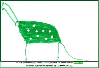 EL DINOSAURIO SIGUIÓ SIENDO VERDE, PERO LE SALIERON PUNTOS BLANCOS
(DEBIÓ DE SER POR LOS PÉTALOS DE LAS MARGARITAS).
 