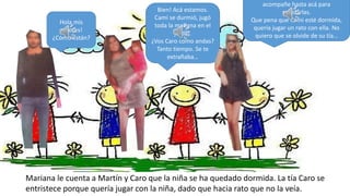 Hola mis
amores!
¿Cómo están?
Bien! Acá estamos.
Cami se durmió, jugó
toda la mañana en el
jardín.
¿Vos Caro como andas?
Tanto tiempo. Se te
extrañaba…
acompañe hasta acá para
saludarlas.
Que pena que Cami esté dormida,
quería jugar un rato con ella. No
quiero que se olvide de su tía…
Mariana le cuenta a Martín y Caro que la niña se ha quedado dormida. La tía Caro se
entristece porque quería jugar con la niña, dado que hacia rato que no la veía.
 