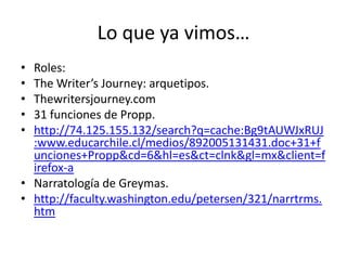 Lo que ya vimos…
• Roles:
• The Writer’s Journey: arquetipos.
• Thewritersjourney.com
• 31 funciones de Propp.
• http://74.125.155.132/search?q=cache:Bg9tAUWJxRUJ
  :www.educarchile.cl/medios/892005131431.doc+31+f
  unciones+Propp&cd=6&hl=es&ct=clnk&gl=mx&client=f
  irefox-a
• Narratología de Greymas.
• http://faculty.washington.edu/petersen/321/narrtrms.
  htm
 