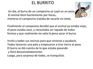 EL BURRITO  Un día, el burro de un campesino se cayó en un pozo. El animal lloró fuertemente por horas,  mientras el campesino trataba de sacarlo sin éxito. Finalmente el campesino decidió que el animal ya estaba viejo,  el pozo estaba seco, y necesitaba ser tapado de todas  formas y que realmente no valía la pena sacar el burro.  Invitó a todos sus vecinos para que vinieran a ayudarlo.  Todos tomaron una pala y empezaron a tirar tierra al pozo.  El burro se dió cuenta de lo que estaba pasando y lloró desconsoladamente.  Luego, para sorpresa de todos, se tranquilizó. 