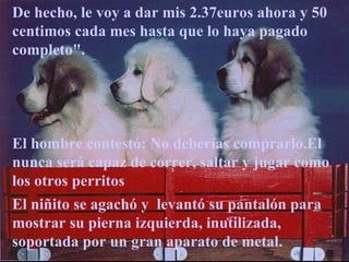 De hecho, le voy a dar mis 2.37euros ahora y 50 centimos cada mes hasta que lo haya pagado completo".  El hombre contestó: No deberías comprarlo.El nunca será capaz de correr, saltar y jugar como los otros perritos El niñito se agachó y  levantó su pantalón para mostrar su pierna izquierda, inutilizada, soportada por un gran aparato de metal. 