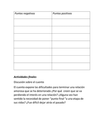 Puntos negativos Puntos positivos
Actividades finales
Discusión sobre el cuento
El cuento expone las dificultades para terminar una relación
amorosa que se ha deteriorado ¿Por qué creen que se va
perdiendo el interés en una relación? ¿Alguna vez han
sentido la necesidad de poner “punto final “a una etapa de
sus vidas? ¿Fue difícil dejar atrás el pasado?
 