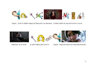 Eugine   cortó el cabello mágico de Rapunzel y se desmayó. La falsa madre se cayó de la torre y murió.




Rapunzel ya no tenía      su pelo mágico para curar a       Eugine. Rapunzel está muy triste,está llorando.




                                                                                                         15
 
