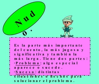 Es la parte más importante del cuento, la más jugosa y significativa y también la más larga. Tiene dos partes: · Problema : algo especial aparece o sucede. · Suceso : distintas situaciones o hechos para solucionar el problema. Nudo. 