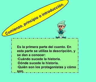 Es la primera parte del cuento. En esta parte se utiliza la descripción, y se dan a conocer: ·Cuándo sucede la historia. ·Dónde sucede la historia. ·Quién son los protagonistas y cómo son. Comienzo, principio o introducción. 