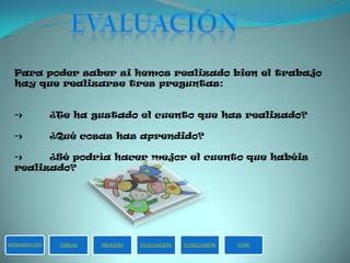 Para poder saber si hemos realizado bien el trabajo
  hay que realizarse tres preguntas:


  ->           ¿Te ha gustado el cuento que has realizado?

  ->           ¿Qué cosas has aprendido?

  ->    ¿Sé podría hacer mejor el cuento que habéis
  realizado?




INTRODUCCIÓN    TAREAS   PROCESO   EVALUACIÓN   CONCLUSIÓN   GUIA
 