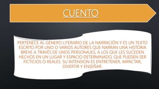 CUENTO
PERTENECE AL GÉNERO LITERARIO DE LA NARRACIÓN Y ES UN TEXTO
ESCRITO POR UNO O VARIOS AUTORES QUE NARRAN UNA HISTORIA
BREVE A TRAVÉS DE UNOS PERSONAJES, A LOS QUE LES SUCEDEN
HECHOS EN UN LUGAR Y ESPACIO DETERMINADO, QUE PUEDEN SER
FICTICIOS O REALES. SU INTENSION ES ENTRETENER, IMPACTAR,
DIVERTIR Y ENSEÑAR.
 