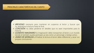 PRINCIPALES CARACTERÍSTICAS DEL CUENTO
 BREVEDAD: necesaria para mantener en suspenso al lector y buscar que
no abandone la lectura hasta le final.
 CONCISIÓN: no debe perderse en detalles que no sean importantes para la
historia.
 ELEMENTO IMAGINARIO: la imaginación debe transportar al lector a un mundo
donde el también pueda participar ya sea como un personaje o testigo activo.
 ANIMO DE MORALEJA: al finalizar la lectura el lector debe reflexionar y sacar sus
propias conclusiones.
 
