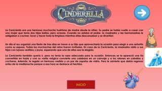 La Cenicienta era una hermosa muchacha huérfana de madre desde la niñez. Su padre se había vuelto a casar con
una mujer que tenía dos hijas bellas, pero ociosas. Cuando no estaba el padre, la madrastra y las hermanastras le
obligaban a cocinar, lavar y hacer toda la limpieza mientras ellas descansaban y se divertían.
Un día el rey organizó una fiesta de tras días en honor a su hijo que aprovecharía la ocasión para elegir a una señorita
como su esposa. Todas las muchachas del reino fueron invitadas. En casa de la Cenicienta, la madrastra vistió a sus
hijas con lujosos vestidos y joyas, esperando que una de ellas sea la elegida.
La Cenicienta también quería ir, pero no tenía la ropa adecuada para la ocasión. Entonces se la apareció una tía
convertida en hada y con su varita mágica convierte una calabaza en un carruaje y a los ratones en caballos y
cocheros. Además, le regala un hermoso vestido y un par de zapatos de vidrio. Pero le advierte que debía regresar
antes de la medianoche porque a esa hora se deshace el hechizo.
INICIO
 