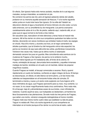Cuentos de Amor, de Locura y de Muerte                    www.infotematica.com.ar

En efecto, San Ignacio había sido menos azotado, resultas de lo cual algunos
maizales, aunque miserables, se sostenían en pie.
No comieron los perros ese día; pero al regresar jadeando detrás del caballo,
probaron en su memoria aquella sensación de frescura. Y a la noche siguiente
salían juntos en mudo trote hacia San Ignacio. En la orilla del Yabebirí se
detuvieron oliendo el agua y levantando el hocico trémulo a la otra costa. La luna
salía entonces, con su amarillenta luz de menguante. Los perros avanzaron
cautelosamente sobre el río a flor de piedra, saltando aquí, nadando allá, en un
paso que en agua normal no da fondo a tres metros.
Sin sacudirse casi, reanudaron el trote silencioso y tenaz hacia el maizal más
cercano. Allí el fox–terrier vio cómo sus compañeros quebraban los tallos con los
dientes, devorando con secos mordiscos que entraban hasta el marlo, las espigas
en choclo. Hizo él lo mismo; y durante una hora, en el negro cementerio de
árboles quemados, que la fúnebre luz del menguante volvía más espectral, los
perros se movieron de aquí para allá entre las cañas, gruñéndose mutuamente.
Volvieron tres veces más, hasta que la última noche un estampido
demasiado cercano los puso en guardia. Mas coincidiendo esta aventura con la
mudanza de Fragoso a San Ignacio, los perros no lo sintieron mucho.
Fragoso había logrado por fin trasladarse allá, al fondo de la colonia. El
monte, entretejido de tacuapí, denunciaba tierra excelente; y aquellas inmensas
madejas de bambú, tendidas en el suelo con el machete, debían de preparar
magníficos rozados.
Cuando Fragoso se instaló, el tacuapí comenzaba a secarse. Rozó y quemó
rápidamente un cuarto de hectárea, confiando en algún milagro de lluvia. El tiempo
se descompuso, en efecto; el cielo blanco se tornó plomo, y en las horas más
calientes se trasparentaban en el horizonte lívidas orlas de cúmulos. El
termómetro a treinta y nueve y el viento norte soplando con furia trajeron al fin
doce milímetros de agua, que Fragoso aprovechó para su maíz, muy contento. Lo
vio nacer, lo vio crecer magníficamente hasta cinco centímetros. Pero nada más.
En el tacuapí, bajo él y alimentándose acaso de sus brotos, viven infinidad de
roedores. Cuando aquél se seca, sus huéspedes se desbandan y el hambre los
lleva forzosamente a las plantaciones. De este modo los tres perros de Fragoso,
que salían una noche, volvieron enseguida restregándose el hocico mordido.
Fragoso mató esa misma noche cuatro ratas que asaltaban su lata de grasa.
Yaguaí no estaba allí. Pero a la noche siguiente él y sus compañeros se
internaban en el monte (aunque el fox–terrier no corría tras el rastro, sabía


                                                                               72
 