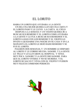 EL LORITO
HABIA UN LORITO QUE AYUDABA A LA GENTE
  UN DIA UNA MUJER QUERIA LLEVAR UNA CARTA Y
EL LORITO PASO Y LE LLEVO LA CARTA AL CIELO
  DESPUES A LA SEMANA Y UN VIEJITO QUERIA IR A
BUSCAR SUS REMEDIO Y EL LORITO COMO AYUDABA
A LA GENTE Y LE FUE A BUSCAR SUS REMEDIOS Y EL
LORITO LLEGO CON LOS REMEDIO Y EL VIEJITO LO
INVITO A QUEDARSE UNA NOCHE EN SU CASA Y EN LA
MAÑANITA EL LORITO LE DEJÓ DADO REMEDIO Y SE
FUE EL LORITO.
  PASARON DOS SEMANAS, Y UN HOMBRE LE DISPARO
AL LORITO Y LE CORRIO MUCHA SANGRE. Y LA GENTE
LO PILLO Y LO LLEVARON AL HOSPITAL Y TENIA
MUY POCA SANGRE Y LA GENTE DIO SANGRE PARA
QUE EL LORITO VIVIERA Y NO SE MURIERA Y EL
LORITO SE SALVO Y VIVIA CON EL VIEJITO Y FUERON
MUY FELICES COMIENDO PERDICES




                       6
 