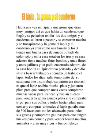 Había una vez un lápiz y una goma que eran
muy amigos así es que había un cuaderno que
llegó y se peleaban un día los dos amigos y el
cuaderno salieron a pasear y se cansaron mucho
y se transpiraron y la goma el lápiz y el
cuaderno ya eran como una familia y los 3
tienen una buena casa de juncos pintada de
color rojo y en la casa estaban los tres y su casa
adentro tiene muchas fotos bonitas y unas flores
y unas gallinas y un pollo encerrado adentro de
la casa bonita el lápiz estuvo pensado y decidió
salir a buscar trabajo y encontró un trabajo el
lápiz todos los días salía tempranito de su
casa para irse a su trabajo su patrón era rico así
es que el lápiz recibía mucha plata y juntaron
plata para que compren unas vacas compraron
muchas vacas para lechear y hacían quesos
para vender la goma ganaba plata y le compraba
trigo para sus pollos y todos hacían plata para
comer y comprar animales el lápiz ganaba más
de 300 lucas con eso les alcanzaba para todos
sus gastos y compraron gallinas para que tengan
huevos para comer y para vender tenían muchos
animales y eran muy ricos y fueron felices

                        30
 