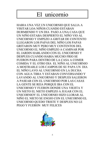 El unicornio
HABIA UNA VEZ UN UNICORNIO QUE SALIA A
VISITAR LOA NIÑOS CUANDO ESTABAN
DURMIENDO Y UN DIA PASO A UNA CASA QUE
UN NIÑO ESTABA DESPIERTO EL NIÑO VIO AL
UNICORNIO Y EMPEZO A GRITAR DE CONTENTO
LLEGARON LOS PAPAS DEL NIÑO LOS PAPAS
GRITARON MUY PERO MUY CONTENTOS DEL
UNICORNIO EL NIÑO EMPEZO A CAMINAR POR
EL JARDIN HABLANDO CON EL UNICORNIO Y
DESPUES CUANDO HABIA MUCHO FRIO SE
FUERON PARA DENTRO DE LA CASA A COMER
COMIDA Y EL OTRO DIA EL NIÑO AL UNICORNIO
A MOSTRARLE LOS CAMPOS DE SU PAPA UN DIA
EL NIÑO LAVO AL UNICORNIO EN LA DUCHA
CON AGUA TIBIA Y ESTABAN CONVERSANDO Y
LAVANDO AL UNICORNIO Y DESPUES SALIERON
A PASEAR CON EL UNICORNIO POR LAS CASAS
LA GENTE SE REIA PORQUE IBA CON EL
UNICORNIO Y FUERON DONDE UNA VIEJITA Y
UN NIETO EL NIETO EMPEZO A JUGAR CON EL
UNICORNIOY EL UNICORNIO HIZO LLORAR AL
NIÑO EL NIETO SE ENOJO CON EL UNICORNIO EL
UNICORNIO QUEDO TRISTE Y DESPUES NO LE
PEGO Y FUERON MUY FELICES




                    5
 